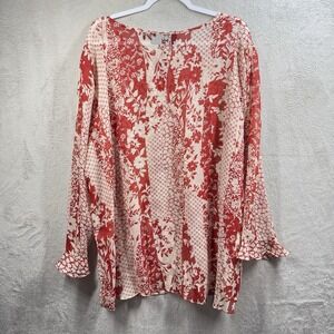 Susan Graver Style Floral Top Tunic Semi Sheer Size 3X Red Ivory Boho Peasant